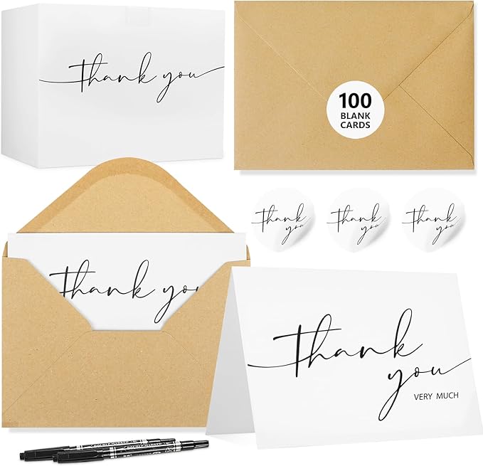 NESCCI 100 PCS Thank You Cards With Envelopes and Stickers，Classy 4x6 Blank Thank You Cards，Thank YouNotes for Wedding, Small Business, Baby & Bridal Shower(White)