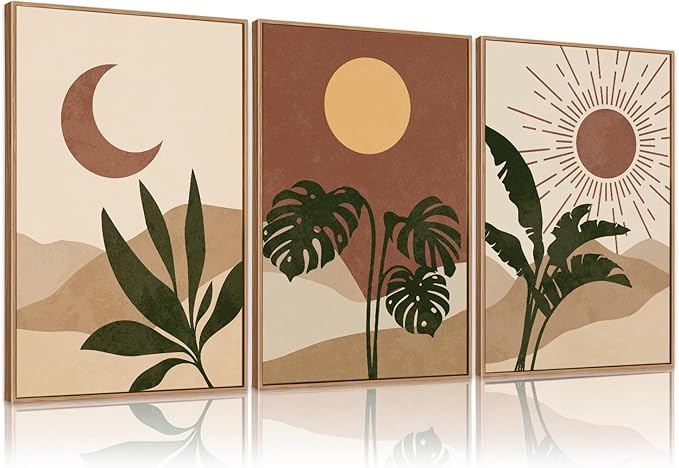 KAIRNE Mid-Century Modern Wall Art Set of 3, Boho Sun and Moon Wall Decor, Bohemian Abstract Botanical Wall Painting, Modern Nature Art Prints for Living Room, Bedroom, Office - 24"x36"