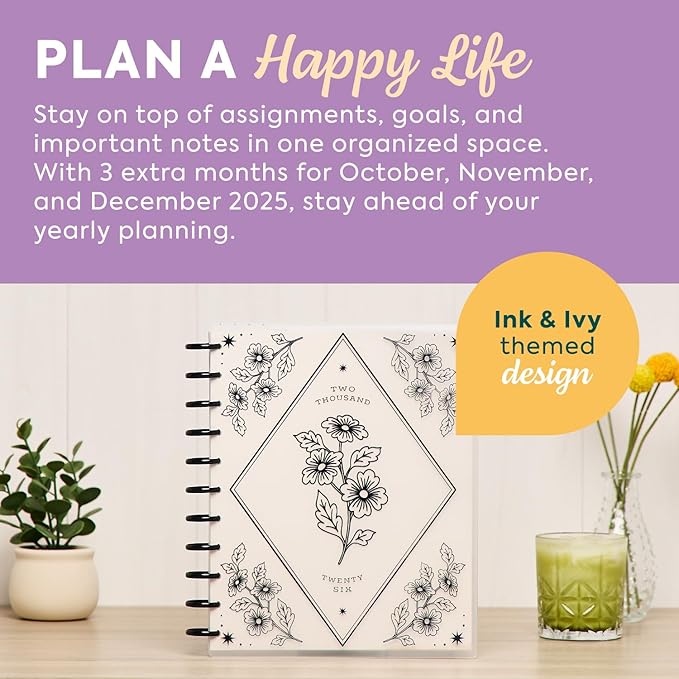 Happy Planner Disc-Bound Planner Jan.–Dec. 2026, Includes 3 Extra Months and 2 Sticker Sheets, Big Size, 8.5" x 11", Dashboard Layout, Ink & Ivy
