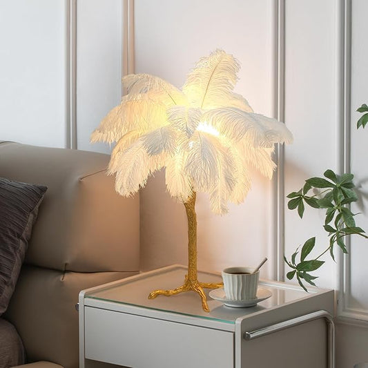Chic White Feather Lamp Ostrich Feather Table Lamp Europe Bedside Fuzzy Lamp for Girl Romantic Wedding Gift Fluffy Desk Light G4*3 Bulb for Living Room Bedroom Entrytable Office Christmas