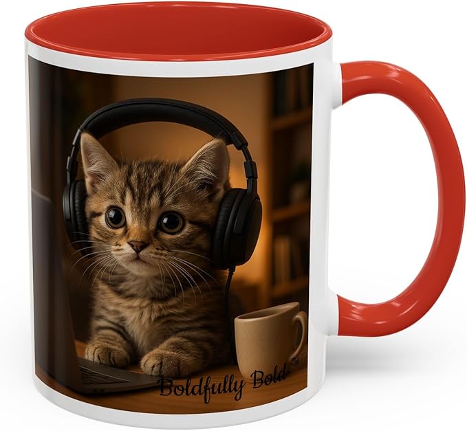 Adorable Cat Coffee Mug, Cute Kitten with Earphones, Pet Lover Gift, Tea Cup, Animal Lover Mug, Coffee Cup