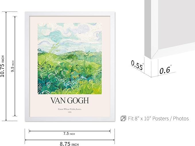 Monem Art Vintage Van Gogh Poster - Retro Impressionist Print - Green Wheat Fields, Auvers, Sky, Leaves, Landscape - Gift for Artist, Friend - Wall Decor for Home, Office, 8x10 White Framed