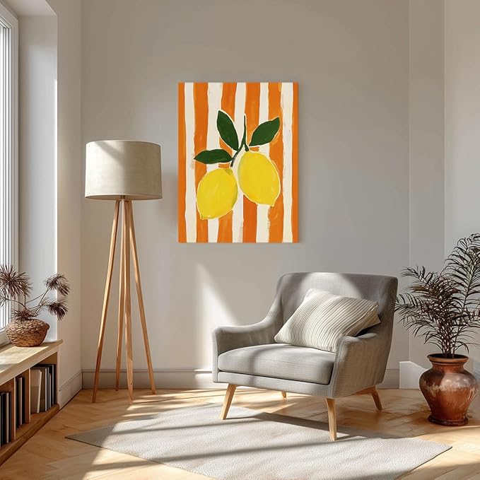Lemon Watercolor Wall Art – Fresh Yellow Citrus Canvas Print – Orange Stripe Kitchen Decor – Modern Botanical Fruit Illustration Poster 16x20inch-Framed