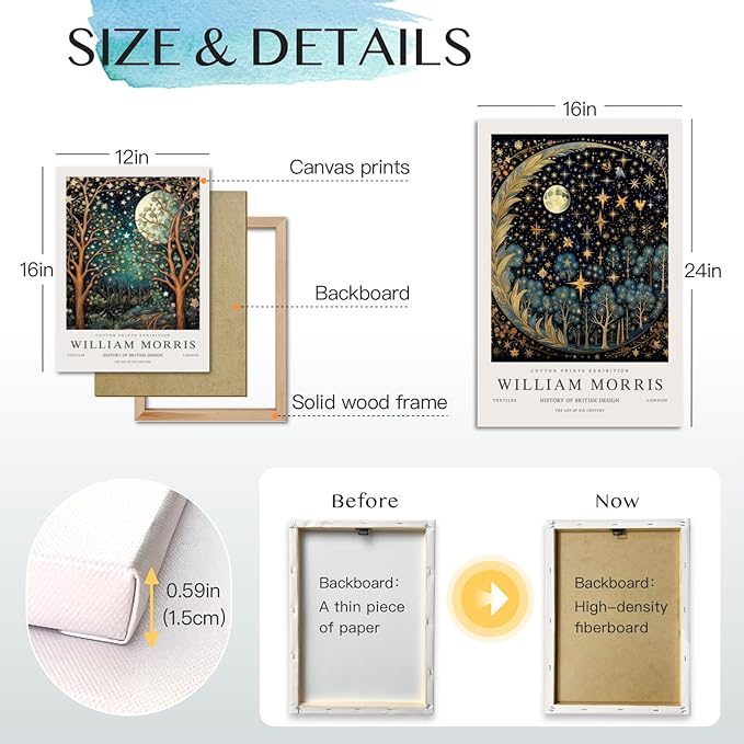 Hianan William Morris Framed Canvas Wall Art, Vintage Gold Moon Stars Poster Prints, Many Dreamlike Stars Wall Decor, Retro Botanical Aesthetic Picture for Bedroom Living Room Office 16"x24"x3