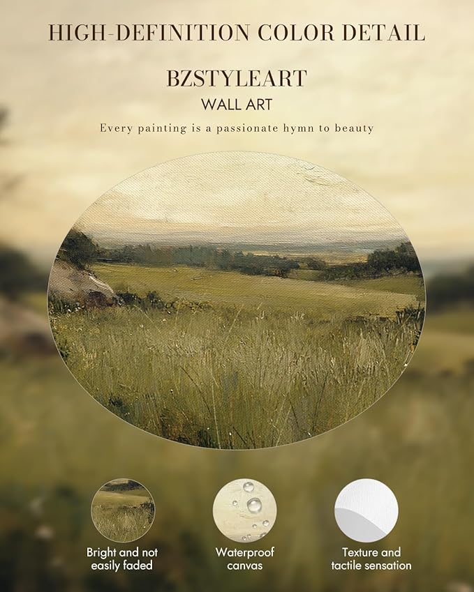 Bzstyleart Vintage Wall Art Decor for Living Room,Gold Framed Canvas Wall Art Home Decor Aesthetic,Grassland Vintage Landscape Prints,Canvas Picture Print Artwork,12 x 16 Inch