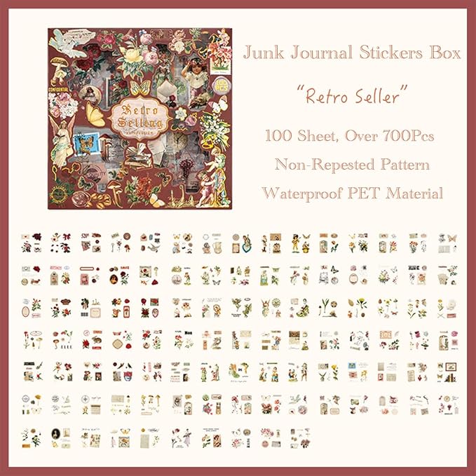 700Pcs Vintage Nature Stickers for Junk Journal Supplies, Retro Flower Butterfly Plant Mushroom Decorative Stickers for Scrapbook, DIY Crafts Album Phone Cases Laptops Notebook (Retro Collection)