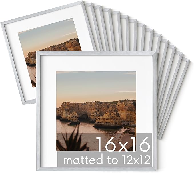 HAUS AND HUES 16x16 Silver Metal Picture Frames Matted to 12x12 - Features Premium Aluminum & Hanging Hardware, Shatterproof Plexiglass - Ideal for Home, Room, Office (16x16 in, Silver, Set of 15)