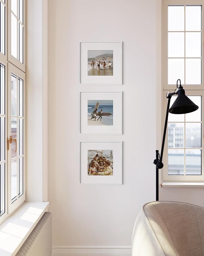 HAUS AND HUES 12x12 White Metal Picture Frames Matted to 8x8- Features Premium Aluminum & Hanging Hardware, Shatterproof Plexiglass - Ideal for Home, Room, Office (12x12 in, White, Set of 3)