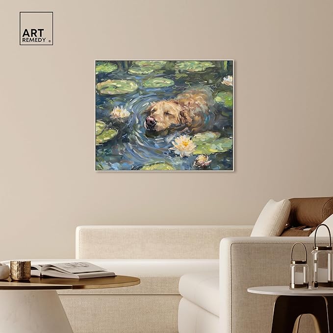 Art Remedy Monet Water Lilies Dog Rustic Chic Farmhouse Canvas Wall Art, Silver Floater Frame, 45"x36"