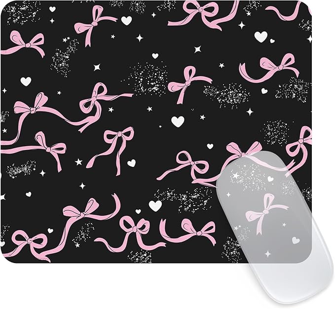Seorsok Square Aesthetic Ribbon Bows&Shining Stars and Love Mouse Mat,Premium Textured Mouse Pads for Office Laptop,Washable Square Mousepads with Extended Stitched Edges Non Slip Rubber Base,Black