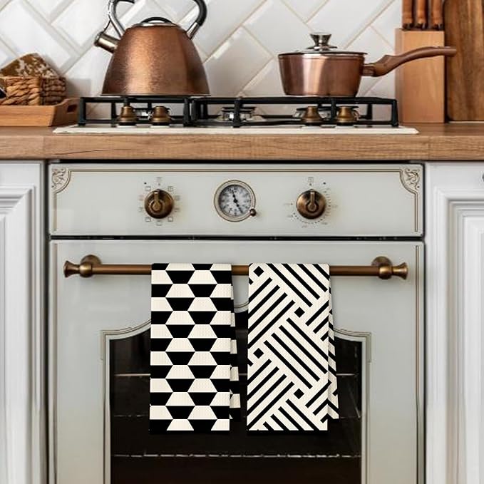 Black and White Kitchen Towels Set of 2, Boho Minimalist Abstract Dish Tea Towels for Kitchen Decor, Retro Mid Century Modern Hand Towels for Bathroom Decor, 16x24 Inches