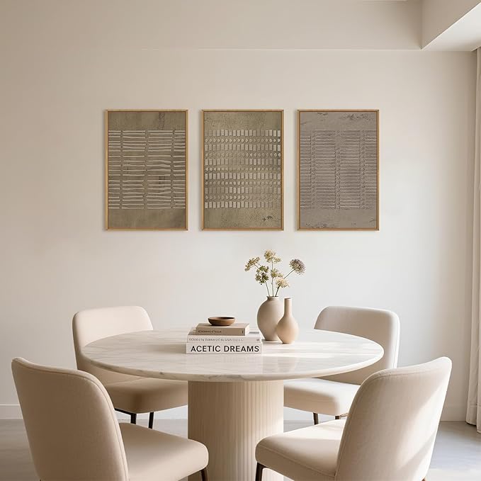 Large Abstract Brown Beige Framed Canvas Wall Art,Modern Lines Dots Wall Decor,Boho Neutral Minimalist Artwork,Mid Century Geometric Art Print for Living Room,Bedroom,Office- 24"x36"x3