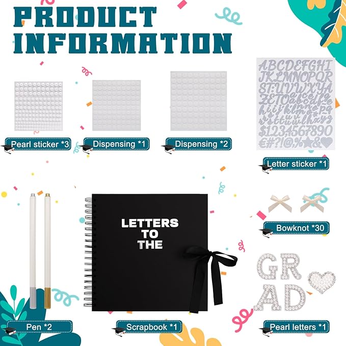 BINBE 10 x 10 Inch Letters to The Grad Scrapbook School Memory Book DIY Blank Paper Scrapbook Photo Album Book Sign with Pearl Stickers, Metallic Letters, Bows Black