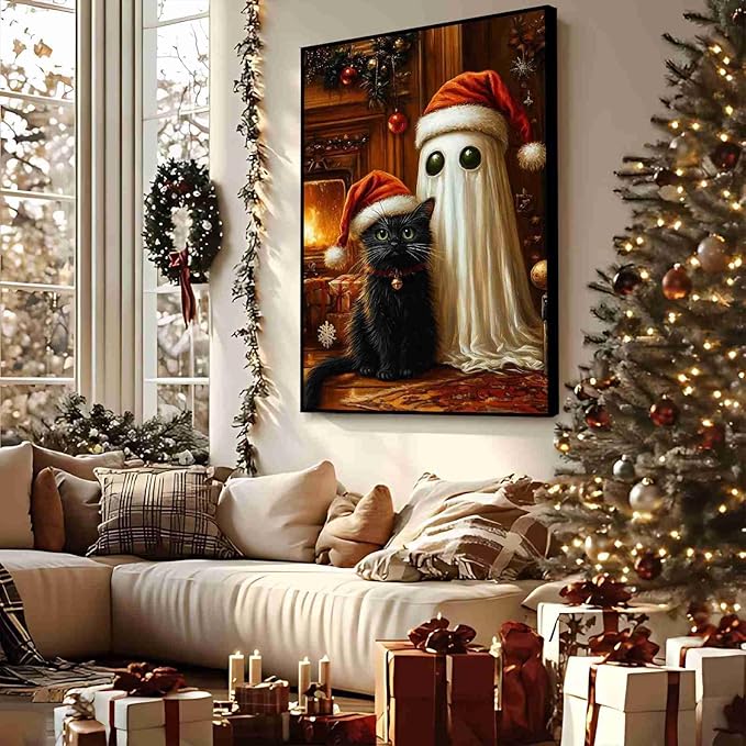 Christmas Pet Canvas Print Ghost and Cat Painting Christmas Cat and Ghost Whimsical Holiday Decor Rural Art print Indoor Decor for Home Living Room Bedroom Pet Lover Bedroom Framed Ready to Hang