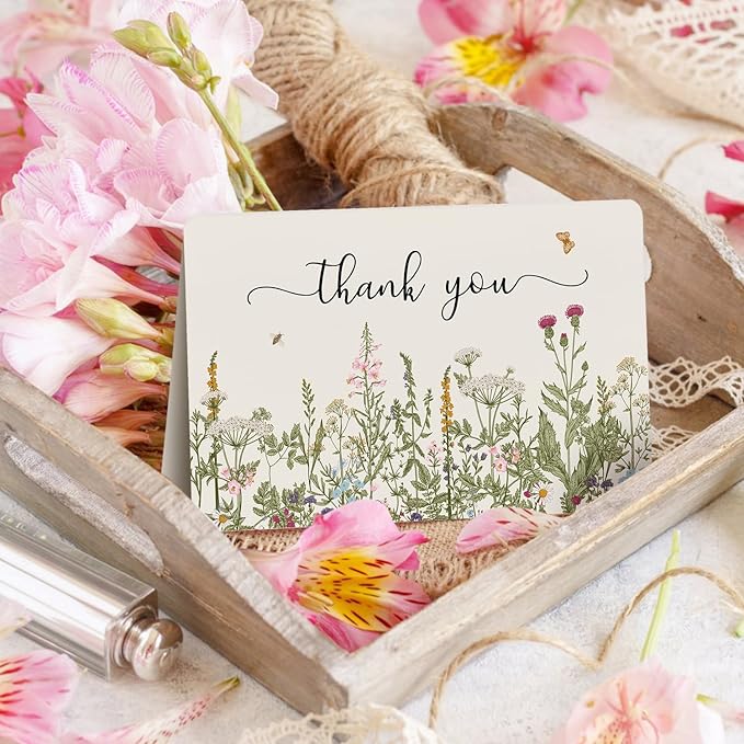 Artoid Mode 24 Pack Fall Wildflower Thank You Cards Floral Leaves Gift With Envelope Sticker Blank Note Cards for Birthday Wedding Baby Shower Bridal Shower, 4 x 6 Inch