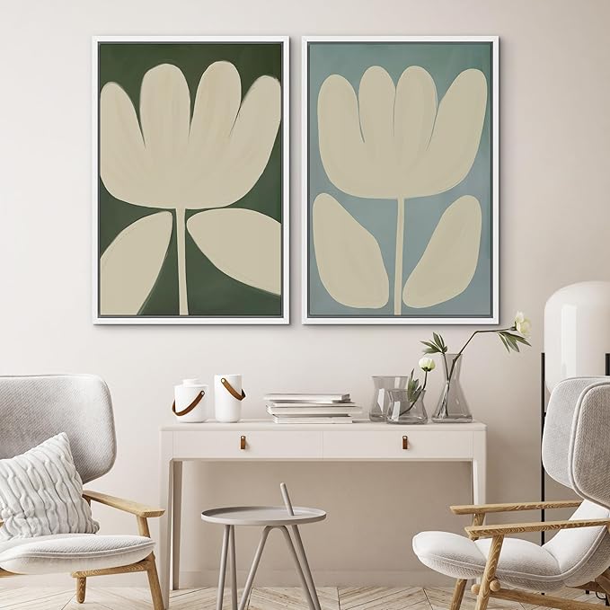 SIGNWIN Framed Canvas Print Wall Art Set Minimalist Floral Neutral Beige Flower Illustrations Modern Art Minimal Boho Colorful for Living Room, Bedroom, Office - 16"x24"x2 WHITE