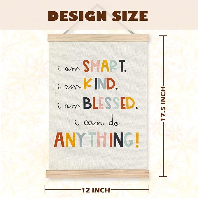 LUVADIAN Positive Affirmations for Kids, Kids Wall Decor, I am Smart Kind Blessed Motivational Poster Hanger Frame Wall Art for Classroom Playroom Nursery Girl Boy Room, 12x16 Inches