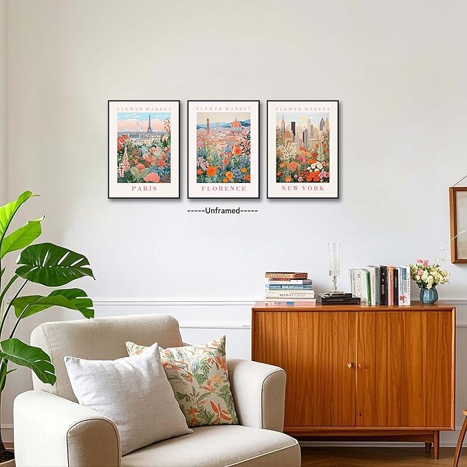 XLARTMY Flower Market Wall Art Prints Canvas Orange and Pink Floral Paintings Colorful Botanical Travel Flower Posters for Home Decor Pictures Set of 3 for Living Room Bedroom 12x16in Unframed
