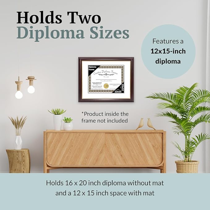 Creative Picture Frames 12x15 Mahogany Gold Rim Diploma Frame with White Mat Glass and Installed Wall Hangers | Frame Holds 16x20 Media without Mat