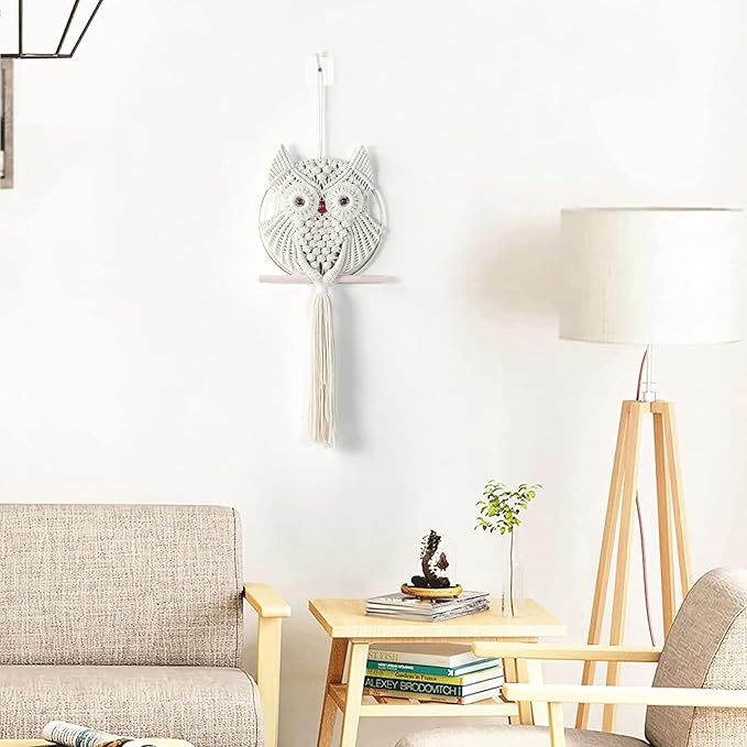 MVSUTA Owl Ivory Cotton Handmade Macrame Wall Hanging Tapestry Home Decor Art and Beige Craft Wonderful Decoration Woven Boho Ornament for Office Bedroom Apartment Living Cream Nursery Gallery,1pc