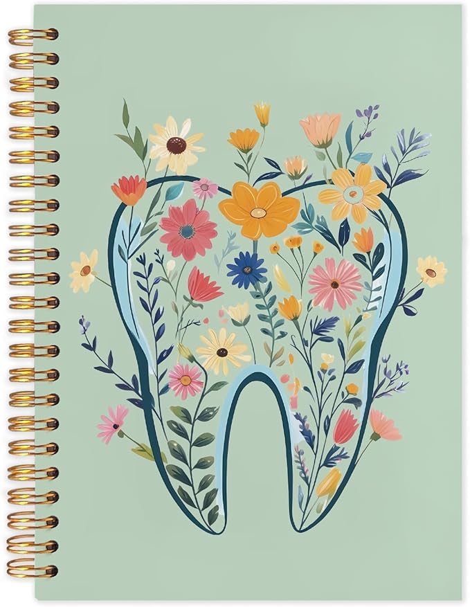 WUCHJ Dentist Gifts Notebook Journal, Dental Assistant Office Gifts for Women, Green Floral Tooth Dental Spiral Notebook Journal for Note Taking, Dentist Office Supplies, 5.5x8.3 Inch