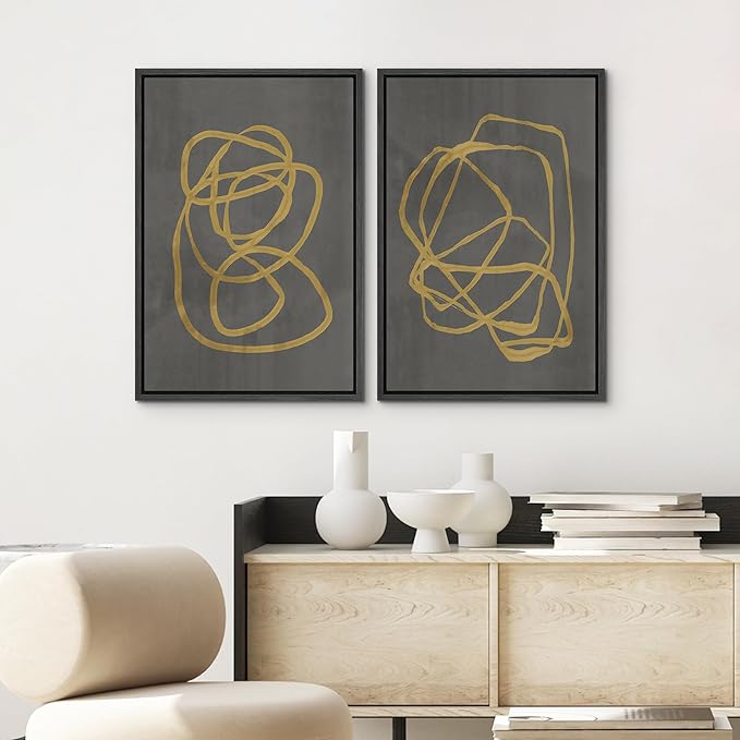 SIGNWIN Framed Canvas Print Wall Art Set Mid-Century Yellow Gray Polygon Collage Abstract Shapes Cozy Neutral Modern Minimalism Decorative Nordic for Living Room, Bedroom, Office - 24"x36"x2 Black