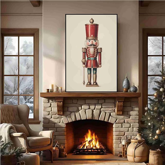Nutcracker Christmas Wall Art Festive Christmas King Holiday Print Classic Soldier Nutcracker Vintage Holiday Canvas Painting Indoor Decor for Home Offices Living Room Bedroom Framed Ready to Hang