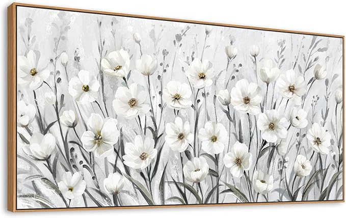arteWOODS Flowers Framed Wall Art - Grey White Wildflowers Canvas Pictures Wall Decor Botanical Painting Artwork Elegant Floral Prints for Living Room Bedroom Home Decor 40 x 20in Natural Wood Frame