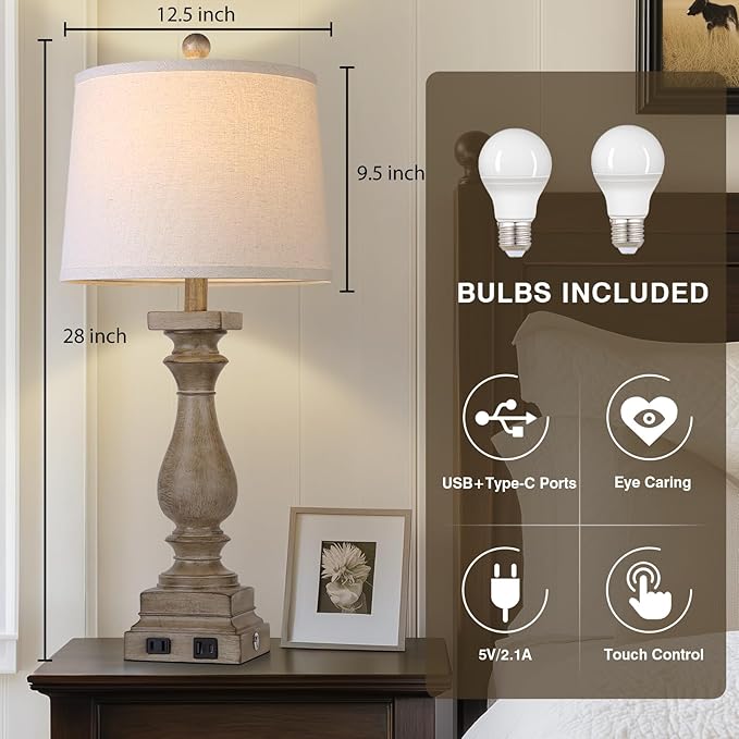 28" Tall Farmhouse Table Lamp with USB C+A Ports and AC Outlet, 3 Way Touch Control Rustic Bedside Lamp for Bedroom, Brown Vintage Nightstand Lamp for Living Room Office