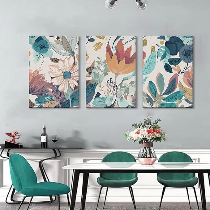TUEASKY 3 Piece Botanical Canvas Wall Art Neutral Floral Wall Art Modern Minimalist Flower Decor Wildflower Prints for Living Room Bedroom Office 16x24in Framed
