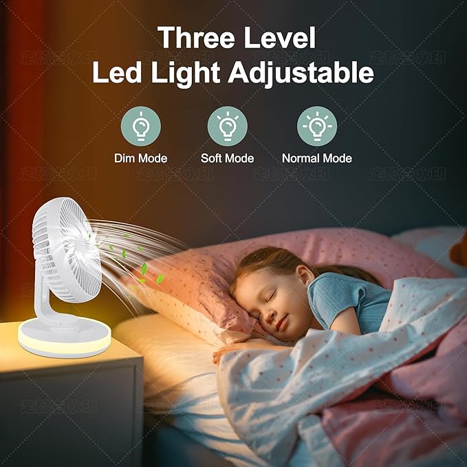 Small Desk Fan With Night Light, Auto Oscillating Table Fan With 3000mAh Rechargeable Battery, USB Personal Fan With 4 Speeds Wind, Adjustable Fan For Home, Office Bedroom, Camping (white)