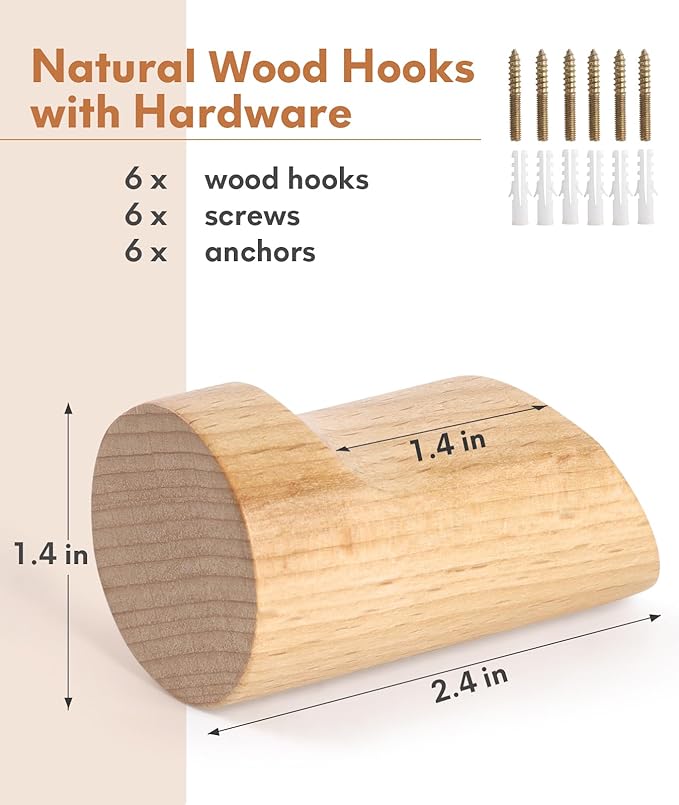 Wood Wall Hooks for Hanging, 8 Pack Hat Hook for Walls, Coat Hook Wall Mount, Backpack Hooks for Walls, Bathroom Towel Hanger (Natural)