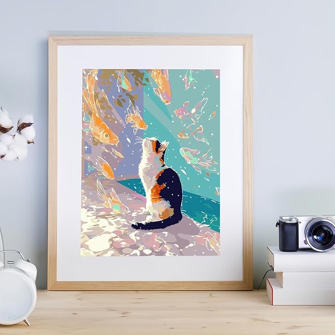 Mosaflare Paint by Numbers for Adults Beginner, Cat and Goldfish Adult Paint by Number Kits on Canvas, DIY Acrylic Oil Easy Painting by Numbers for Home Wall Decor 16X20 inch (Without Frame)