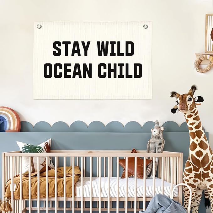 Lacama Beach Theme Wall Decor for Boys Room, Coastal Kids Playroom Nursery Hanging Sign, Stay Wild Ocean Child Linen Canvas Banner, Rustic Nautical Surf 20x30 Inch