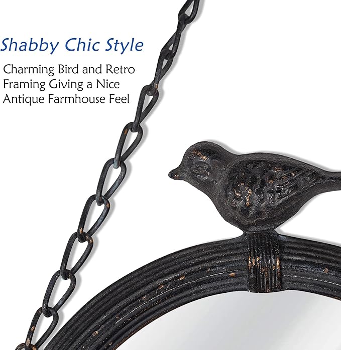 NIKKY HOME 11.2" Decorative Small Hanging Mirrors Vintage Rustic Round Metal Framed Wall Mounted Mirror Decor with Bird for Bathroom Living Room Office, Antiqued Black