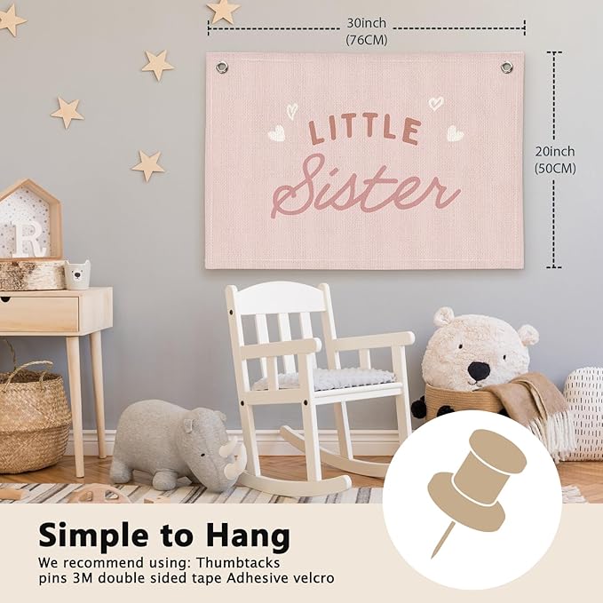 Pink Little Sister Girls Room Decor - Linen Banner Wall Hanging Canvas Banner Flag Decor for Girly Nursery Toddler Playroom Bedroom Dorm Apartment