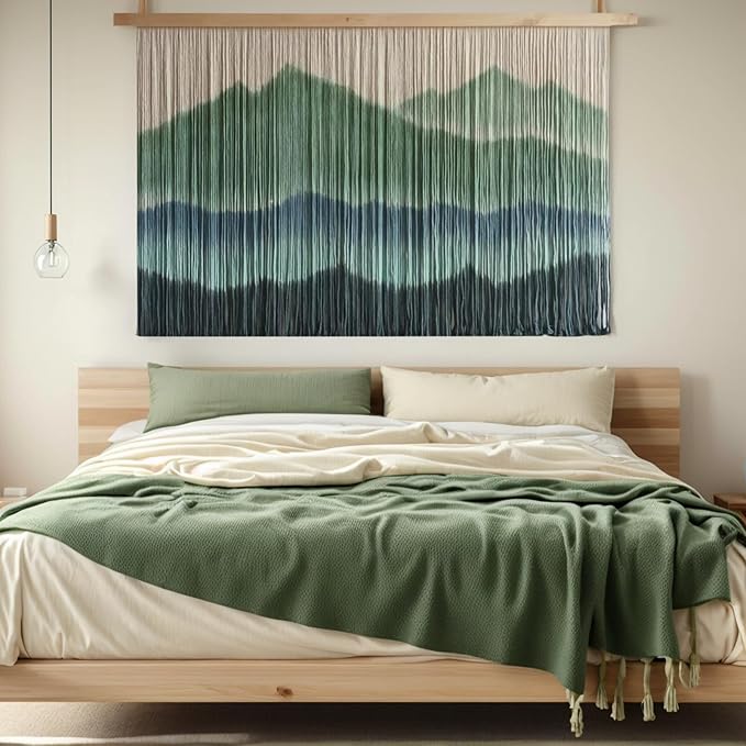 Sdjazl Woven Boho Macrame Wall Hanging Home Decor Tapestry Dip-Dyed Large Modern Handmade Colorful Mountain Landspace for Living room (green)