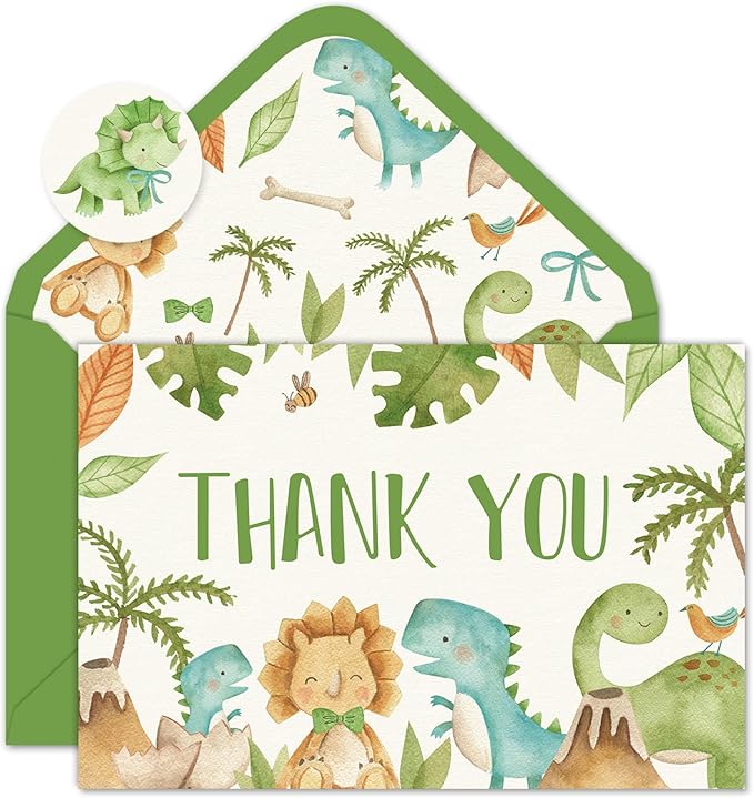 24 Pack Dinosaur Thank You Cards Bulk Cute Cartoon Greeting Cards with Envelopes Stickers Blank Note Cards for Birthday Baby Shower Party Supplies, 4 x 6 Inch