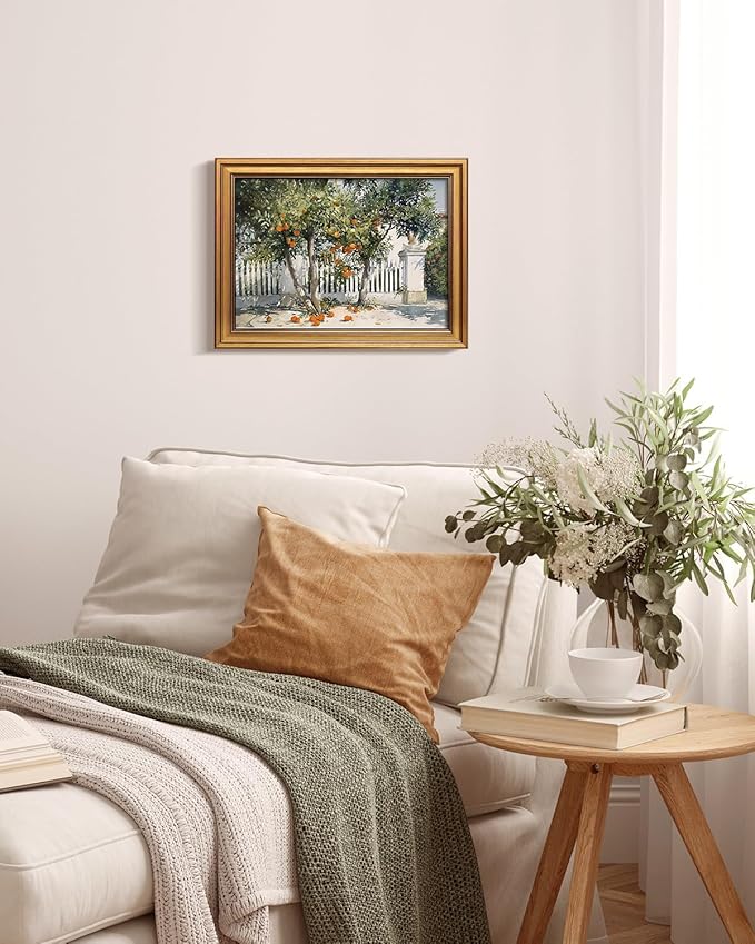 Bzstyleart Vintage Wall Art Decor for Living Room,Gold Framed Canvas Wall Art Home Decor Aesthetic,Orange Courtyard Prints,Canvas Picture Print Artwork,12 x 16 Inch
