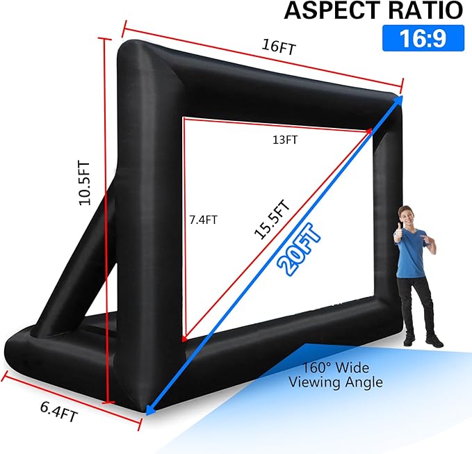 20 Feet Inflatable Outdoor and Indoor Theater Projector Screen - Includes Air Blower, Tie-Downs and Storage Bag - Portable, Supports Front and Rear Projection
