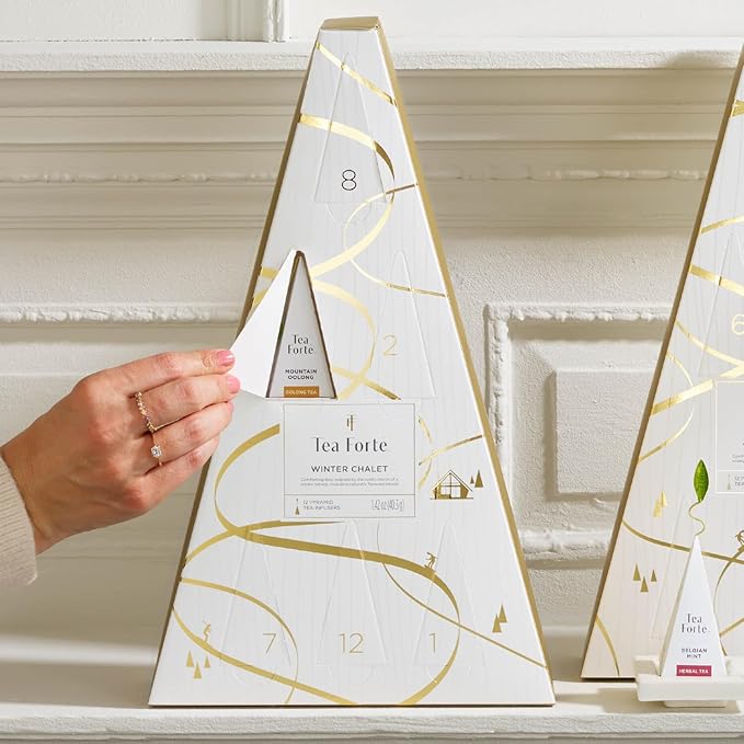 Tea Forte Tea Advent Calendar Gift Set; 12 Individually Wrapped Handcrafted Assorted Pyramid Infuser Tea Bags with Numbered Doors, Winter Chalet