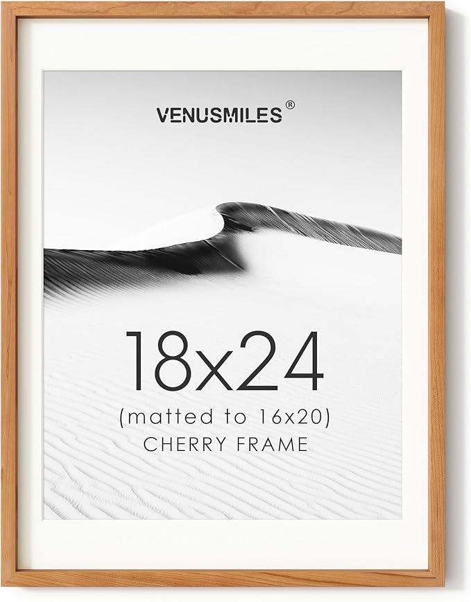 18x24 Poster Frame, USA-Sourced Natural Cherry Wood Picture Collage Frame with HD Tempered Glass, Modern Simple 18 x 24 Wooden Photo Frame Matted to 16x20, Vertical & Horizontal Wall Hanging Display