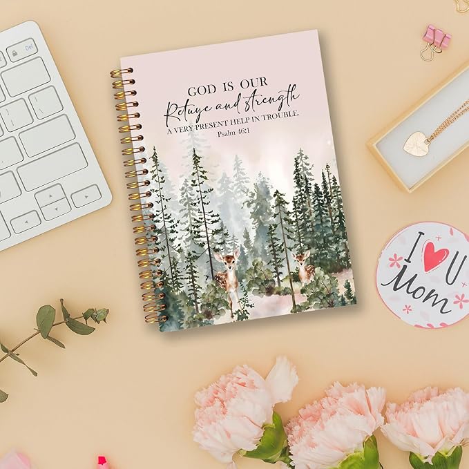 Woodland Christian Spiral Notebooks, Psalm 46:1 Bible Journal, Scripture Journals for Writing, Christian Gifts for Women Men, Religious Notebook for Note Taking, 5.5x8.3 Inch