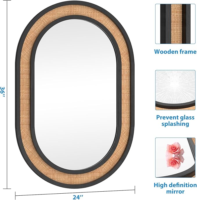 Rattan Wall Mirror with Wooden Framed Black Oval Bathroom Mirror 24 X 36 inch Farmhouse Wood Mirror for Modern Decorative Bathroom, Living Room, Entryway, Bedroom