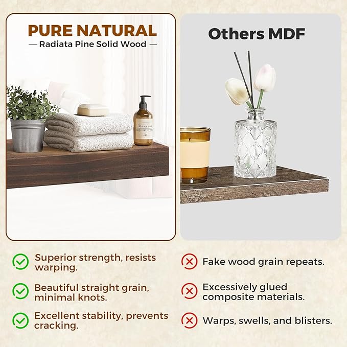 Floating Wall Shelf 16x6.8x1.7 Inch – Solid Wood Shelf in Walnut Finish – Wall Mounted Rustic Display Organizer for Bathroom, Kitchen, Bedroom, Small Spaces – Set of 3