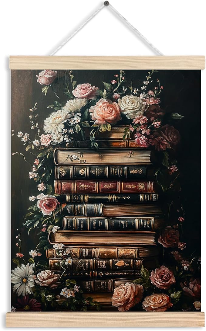 Vintage Floral Book Canvas Wall Art Poster, Reading Nook Corner Decor, Retro Moody Bookish Book Lover Wall Decor Prints for Library Reading Room Classroom Home, 12x16 Inches