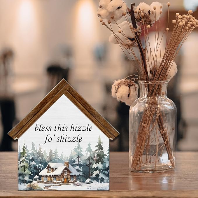 Rustic Christmas Decor, Bless This Hizzle Fo' Shizzle House Shaped Wooden Sign, Funny Christmas Decorations for Home