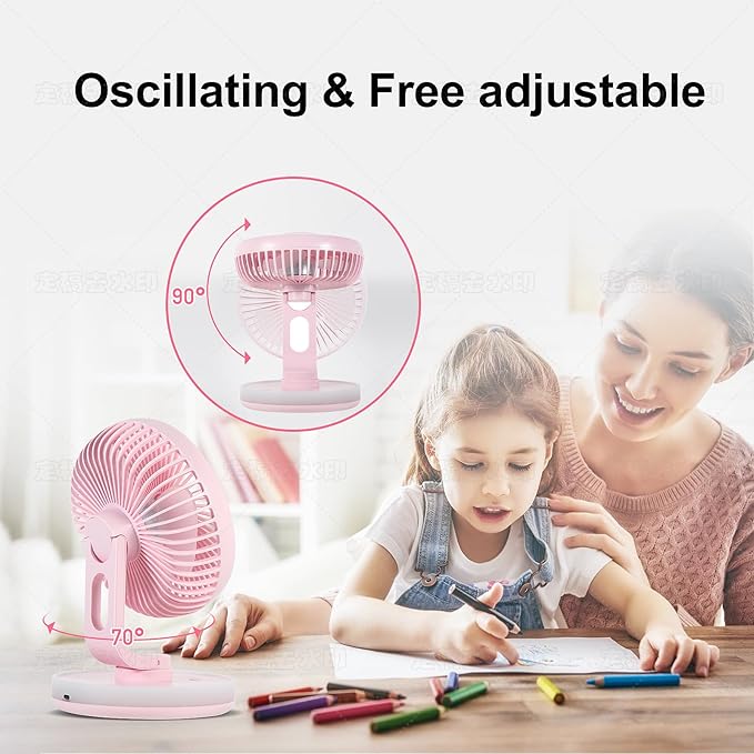 Small Desk Fan With Night Light, Auto Oscillating Table Fan With 3000mAh Rechargeable Battery, USB Personal Fan With 4 Speeds Wind, Adjustable Fan For Home, Office Bedroom, Camping (pink)