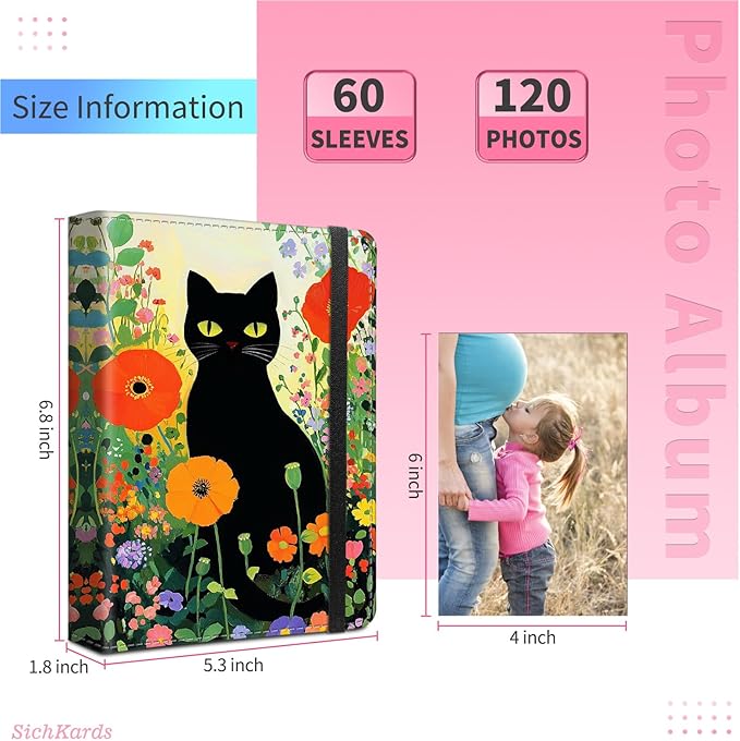 Photo Album 4x6-120 Photos Capacity,PU Leather Cover with Elastic Band,High Definition Waterproof PP Pages for Family Wedding Anniversary Baby Record,Black Cat Wildflower