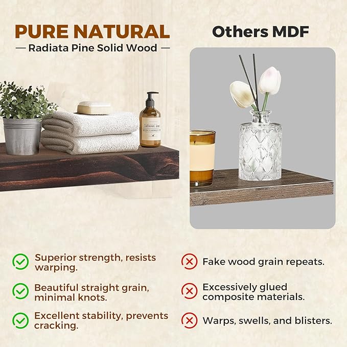 Floating Wall Shelves 24x6.8x1.7 Inch – Solid Wood Rustic Shelves in Walnut Finish – Wall Mounted Display Shelf for Bathroom, Kitchen, Bedroom – Set of 3